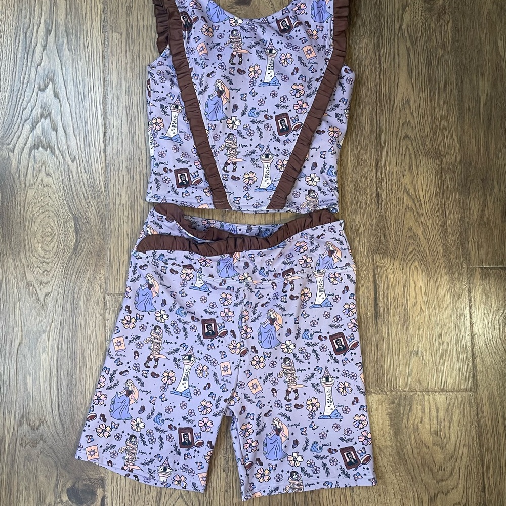 Disneys Tangled women’s biker shirt and longline bra set